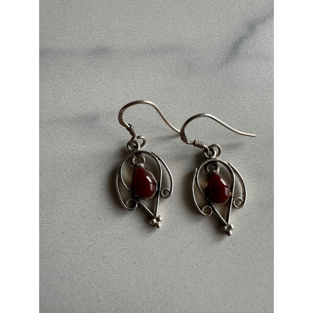 Vintage 925 Sterling Silver Carnelian Teardrop Scroll Drop Earrings Artisan 2.4g